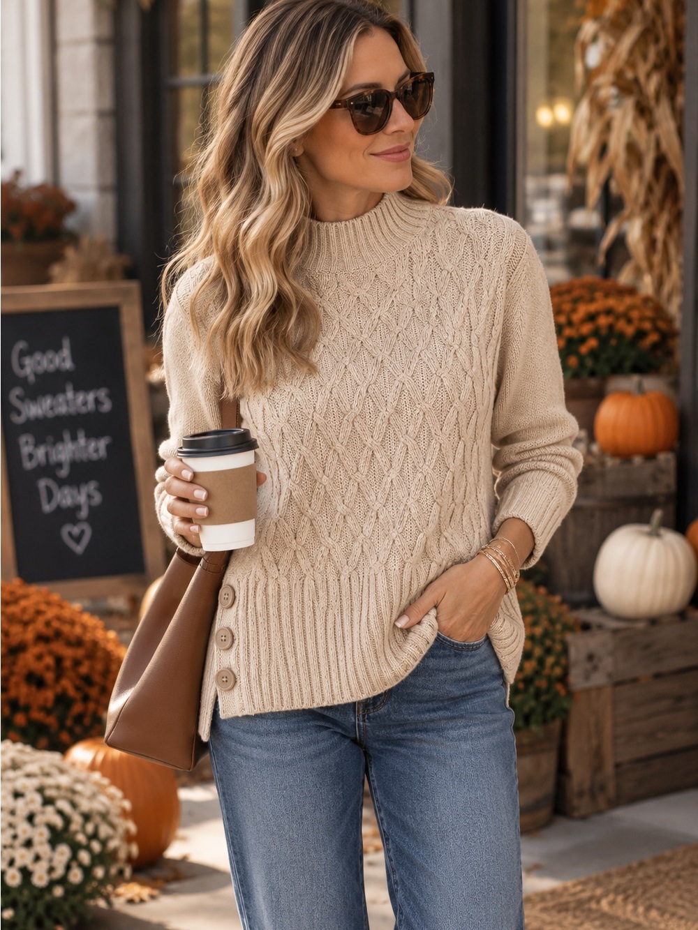 Tribal 100% Cotton Cable Knit Sweater | Oatmeal | Button Detail | Size S